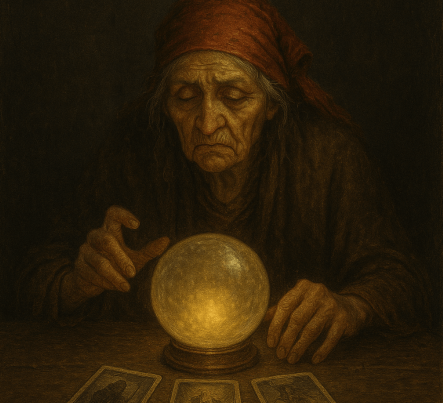 Oil painting of an elderly woman in a red headscarf gazing down at a glowing crystal ball in a dark, atmospheric room